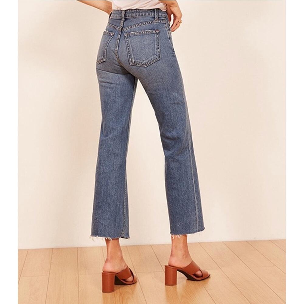 Reformation Mid Crop Flare Raw Hem Button Fly Jeans Baltic Size 28 - Picture 2 of 10